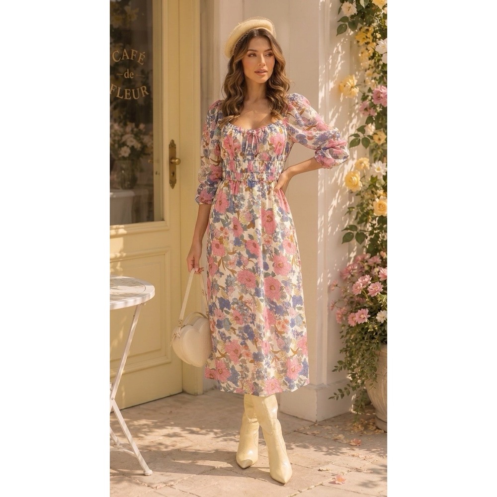 Lush Women's Floral Off Shoulder Midi Dress romantic Empire Waist